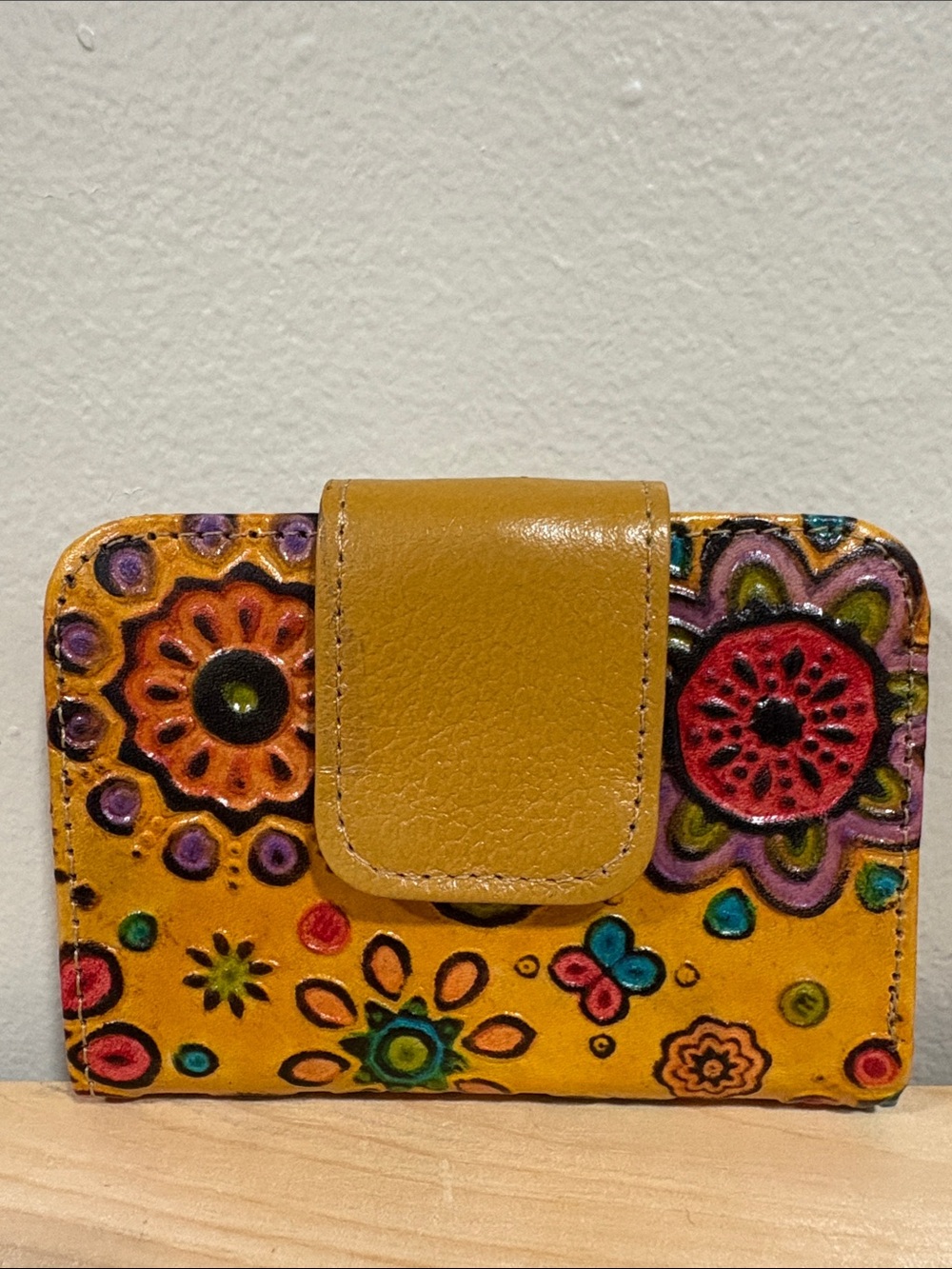 Hand-Painted Floral Yellow Leather Wallet